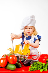 Nice little girl in cook cap  holding kitchen spoon