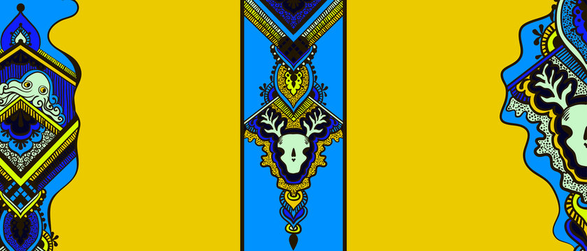 Pattern with a octopus and a skull of a deer in the ethnic style on a yellow background