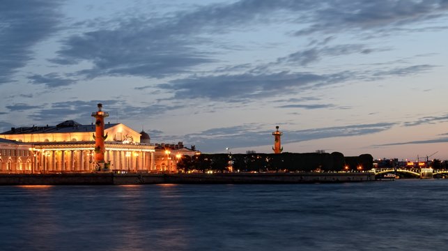 The Spit of Vasilievsky Island at night