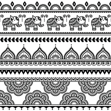 
Mehndi, Indian Henna tattoo seamless pattern with elephants