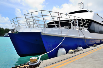 Catamaran boat in the port of Seychelles