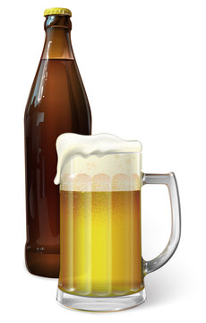 Mug with beer and beer in a bottle, vector