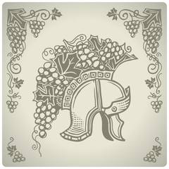 Vector decorative ornament with wine grapes and ancient helmet