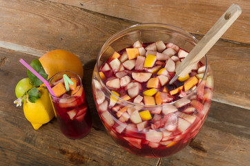 Glass and punch bowl of sangria