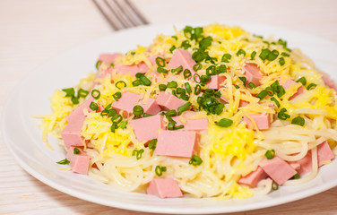 spaghetti with ham and cheese