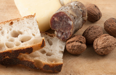 snack with salami, cheese and bread