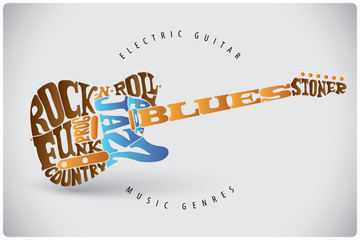 Music genres written in shape of electric guitar