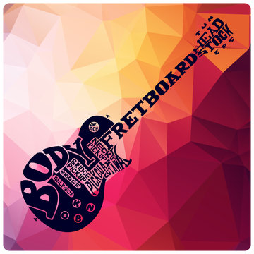 Vector electric guitar graphic parts scheme made of letters on modern triangle background