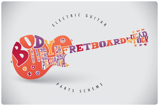 Vector electric guitar graphic parts scheme made of letters on light background