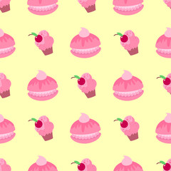 Pattern with marshmallows and ice cream on the yellow background