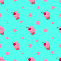 Pattern with sweet ice cream and cherry on the blue stars background