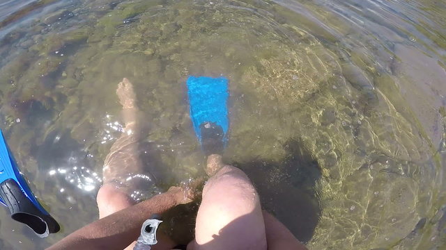 1st person POV of diver with snorkeling gear putting on swim fins in the surf