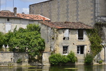 Fototapeta na wymiar Vieille bâtisse en ruine servant de remise au bord de l'eau à Jarnac