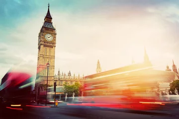 Foto op Plexiglas Londen, het VK. Rode bussen en de Big Ben, het paleis van Westminster. Vintage © Photocreo Bednarek
