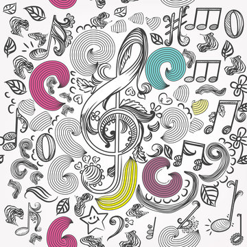 Vector seamless wallpaper pattern with doodle music elements