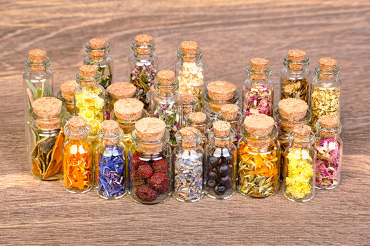 Bottles with herbs used in non- traditional medicine.
