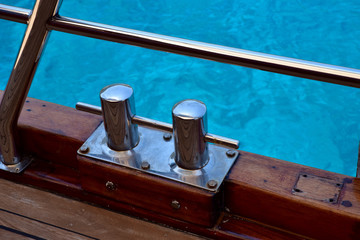 Cleats on the deck of a Turkish Gulet Yacht in the Mediterranean