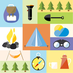 Camp Tent Set Icon Adventure Hike Forest Travel Vector