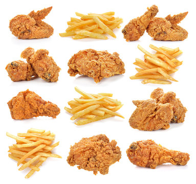 fried chicken and french fries on white background.