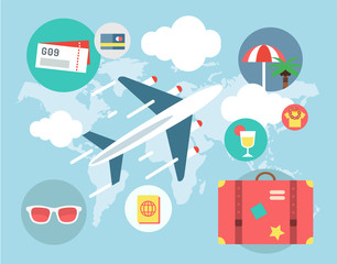 Obraz premium Travel by Plane vector illustration. Plane, Baggage and Glasses