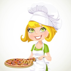 Cute girl chef offers a taste of pizza isolated on white background
