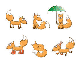 Obraz premium Set with six cute cartoon foxes. Autumn time, rainy weather, warm clothes.
