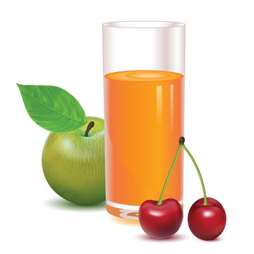 glass for juice from ripe red berries cherries and green apple with leaves isolated on a white background