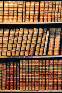 alte Bücher auf Holzregal.