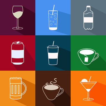Vector set of flat modern drinks and beverages icons
