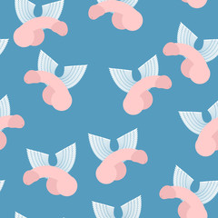 Winged penis seamless pattern. Vector background of dildos with - obrazy, fototapety, plakaty