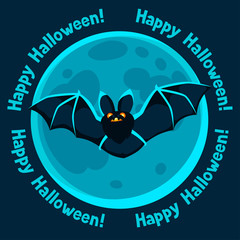 Happy halloween greeting card with moon and flying bat