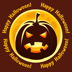 Happy halloween greeting card with moon and angry pumpkin