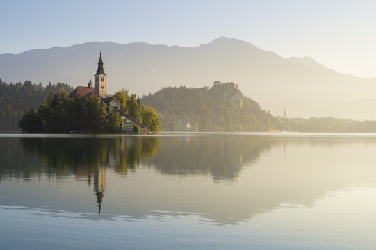 Bled with lake, island and mountains in background, Slovenia 
