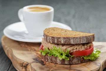 espresso and sandwich with tuna for breakfast or lunch