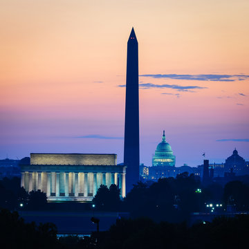 Washington DC Skyline At Sunrise Including Lincoln Memorial, Washington Monument And United States Capitol Building
