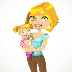 Blonde mom with baby girl in her arms