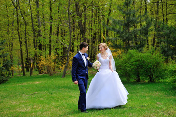 Obraz na płótnie Canvas Bride and groom walking on the spring park
