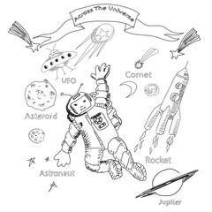 Illustration  of space with astronaut and rocket on the white background