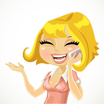 Cute girl talking on the phone and laughing isolated on white ba
