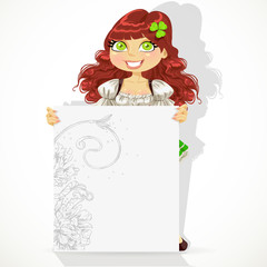 Girl with big banner in suit St. Patrick's Day