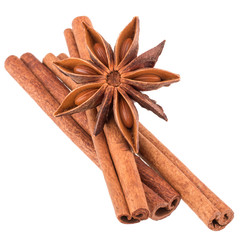 cinnamon stick and star anise spice isolated on white background