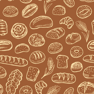 Hand drawn bakery doodles vector seamless pattern.