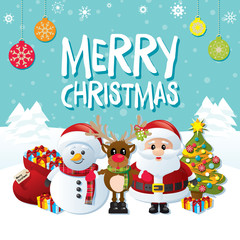 Merry Christmas Traditional Characters on a Blue Background