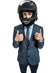 Businessman with racing helmet give the thumbs up 