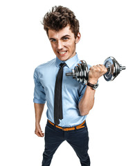 Fototapeta na wymiar Businessman lifting dumbbell, weightlifting stress workout 