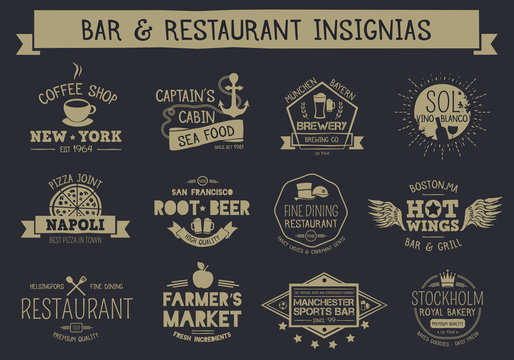 Vintage badges and insignias for example restaurant, bar, cafeteria and brewery. EPS10, text outlined.
