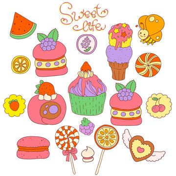 Set of sweets: candy, ice cream, desserts and pastries
