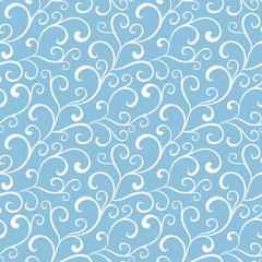 Fototapeta na wymiar Vector Blue White Organic Swirls Winter Frost Seamless Pattern
