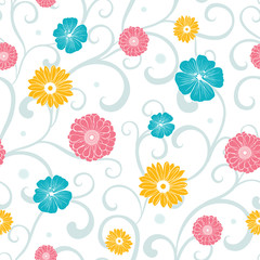 Vector Colorful Flowers on Swirly Braches Seamless Pattern