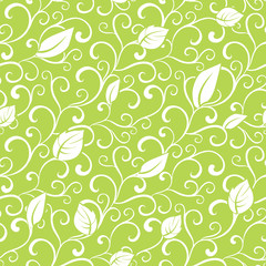 Vector Green Swirl Branches Leaves Seamless Pattern